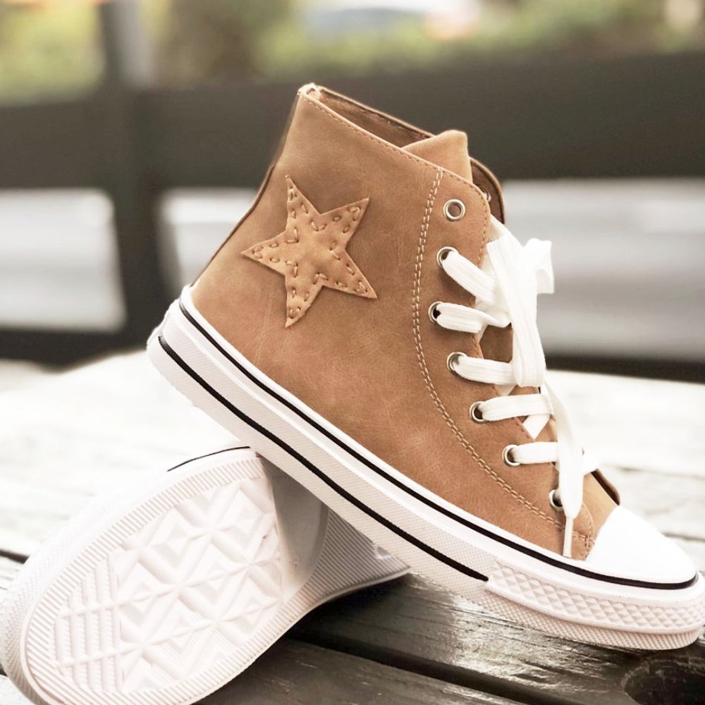 NEW High Top Faux Leather Stitch Star Patch Casual Sneakers Shoes Camel Beige - Picture 8 of 11